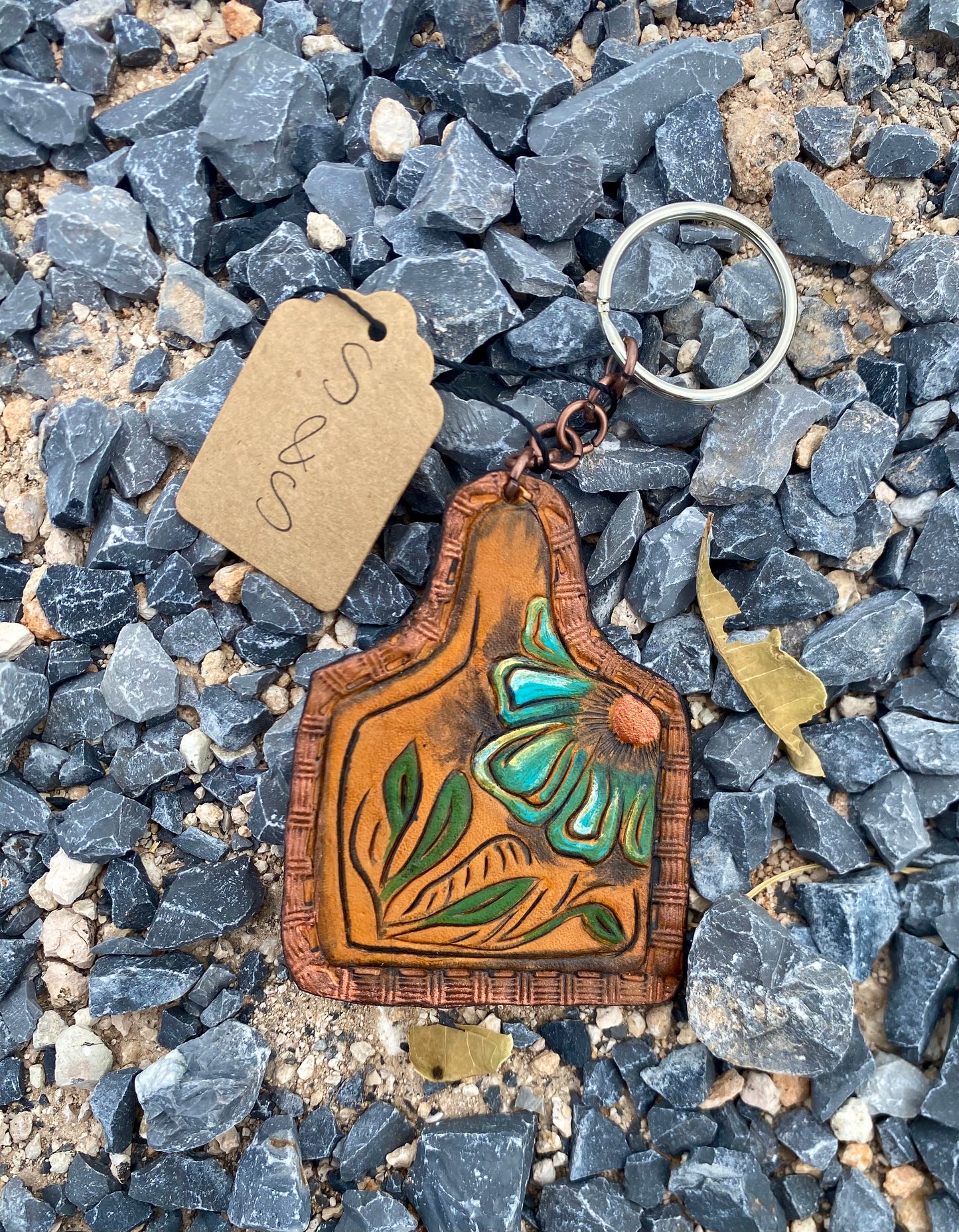 Blue Flower Tooled Keychain